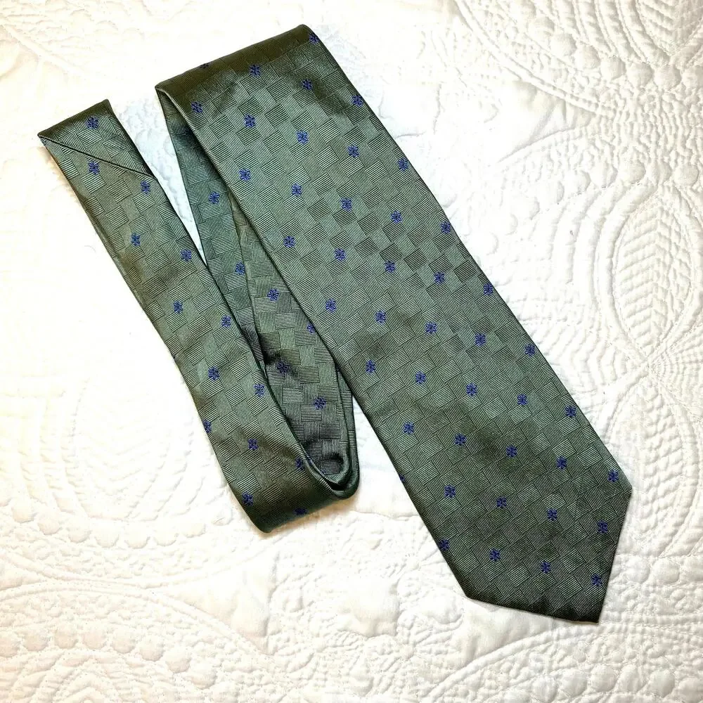 Brooks Brothers Makers Green Silk Neck Tie Blue Daisy 58